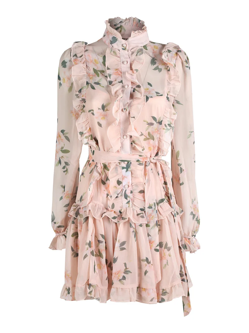 Vestito donna floreale a maniche lunghe velate - albicocca