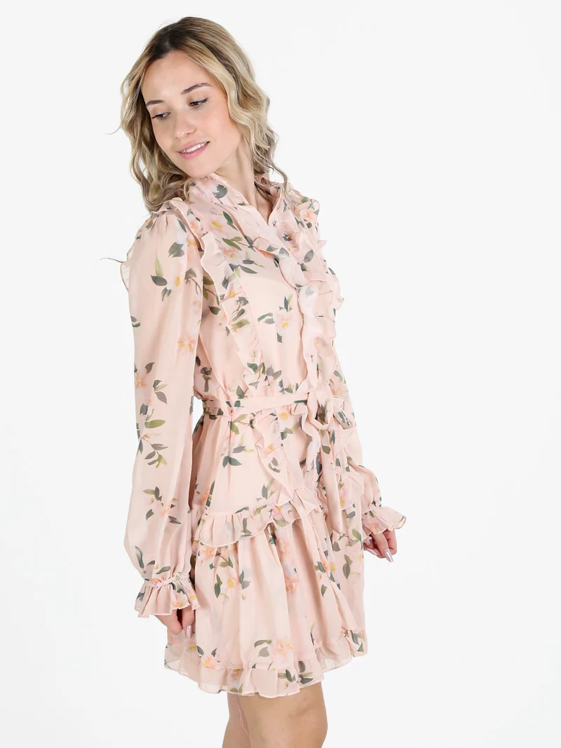 Vestito donna floreale a maniche lunghe velate - albicocca