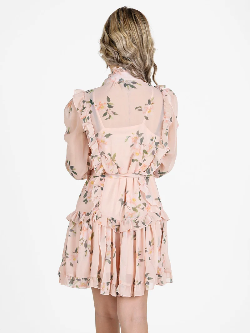 Vestito donna floreale a maniche lunghe velate - albicocca