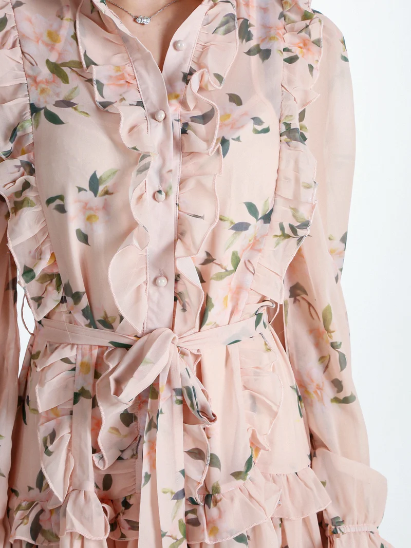 Vestito donna floreale a maniche lunghe velate - albicocca