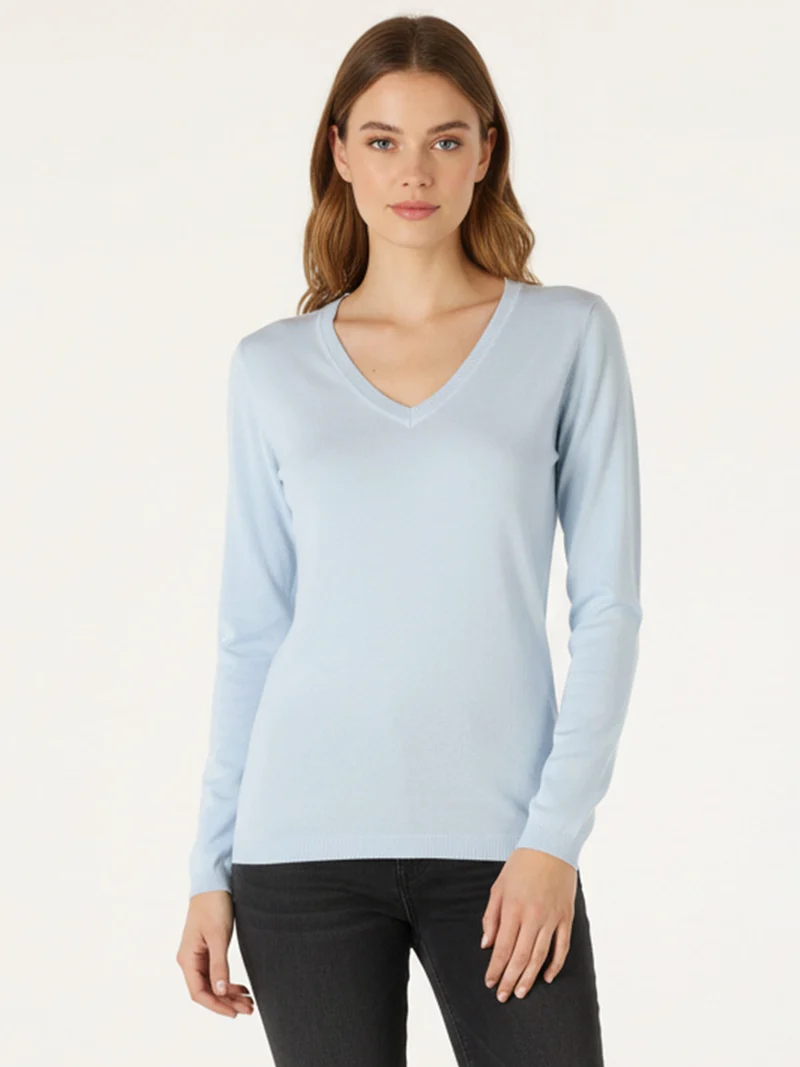 Pullover donna in maglia scollo V - azzurro