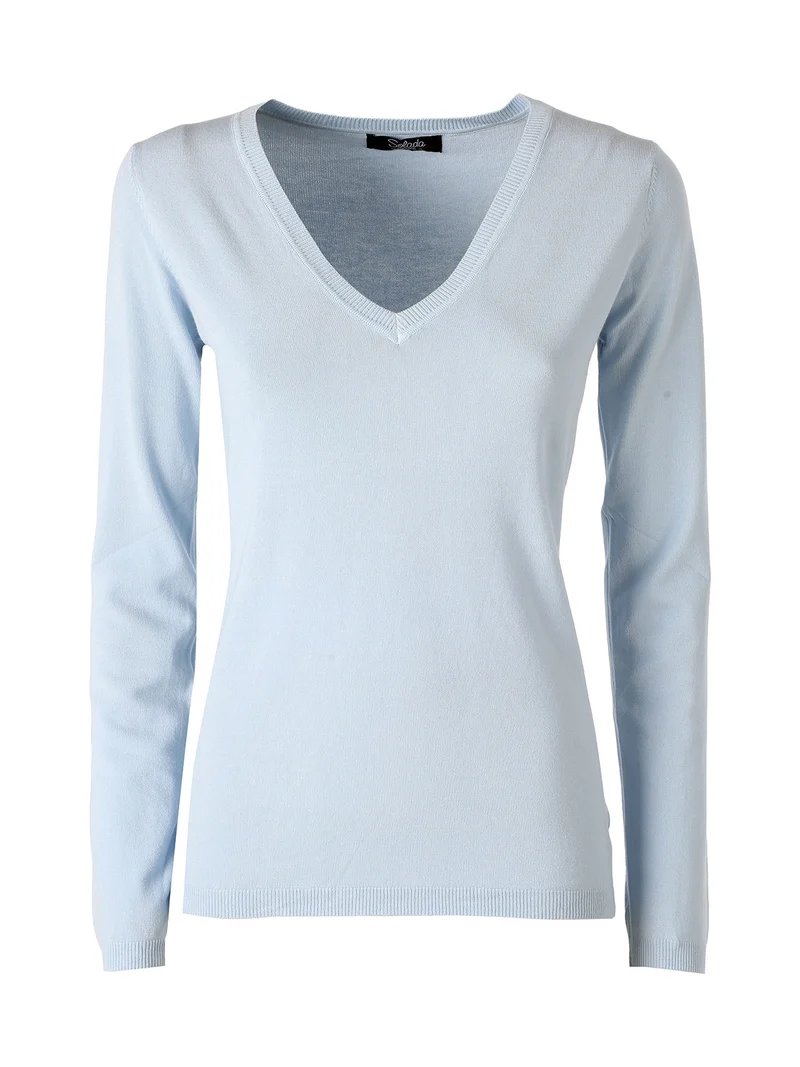 Pullover donna in maglia scollo V - azzurro
