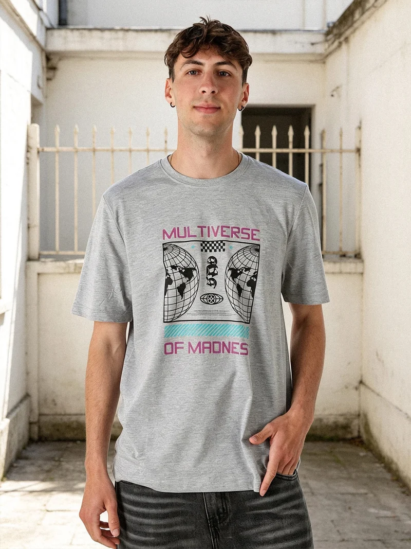 T-shirt girocollo da uomo in cotone con stampa - grigio