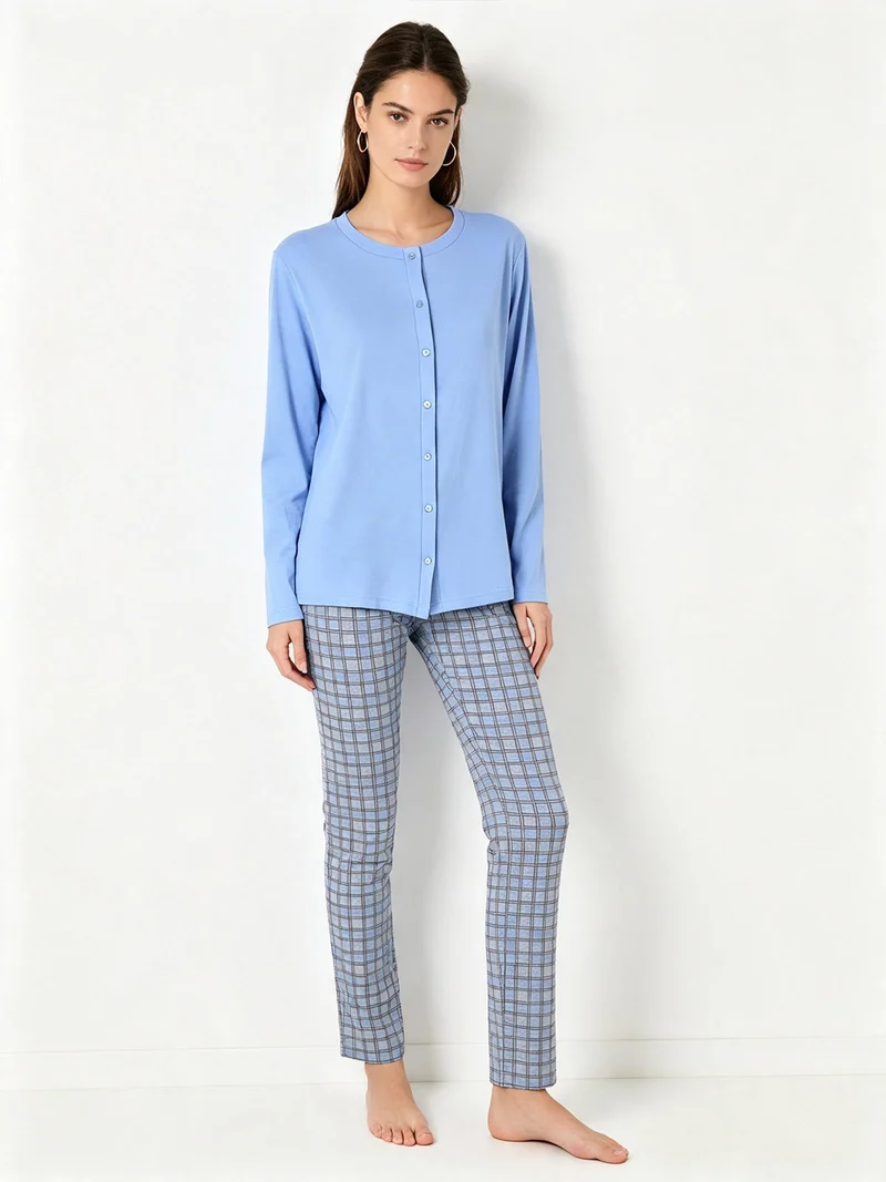 Pigiama aperto da donna in cotone interlock con pantaloni a quadri - azzurro