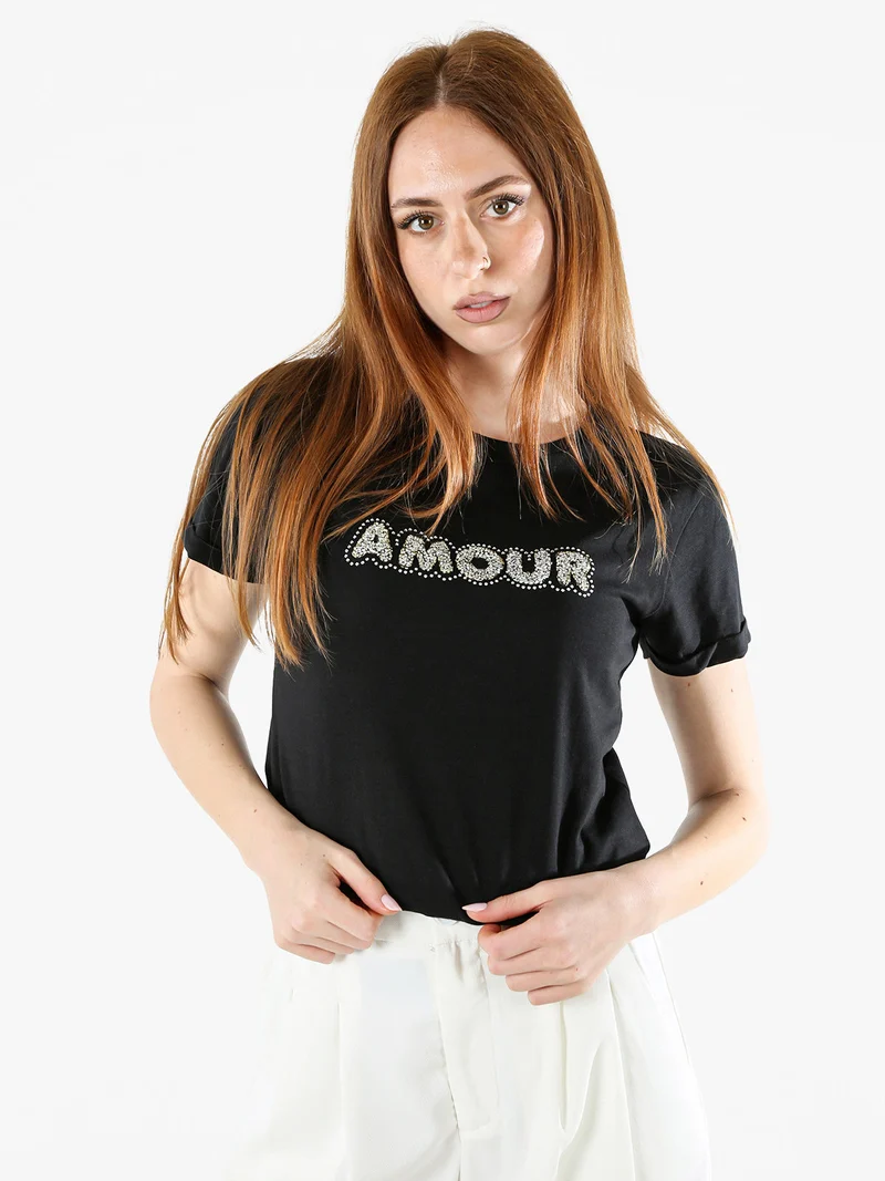 T-shirt donna in cotone con scritta di strass e pietre - nero