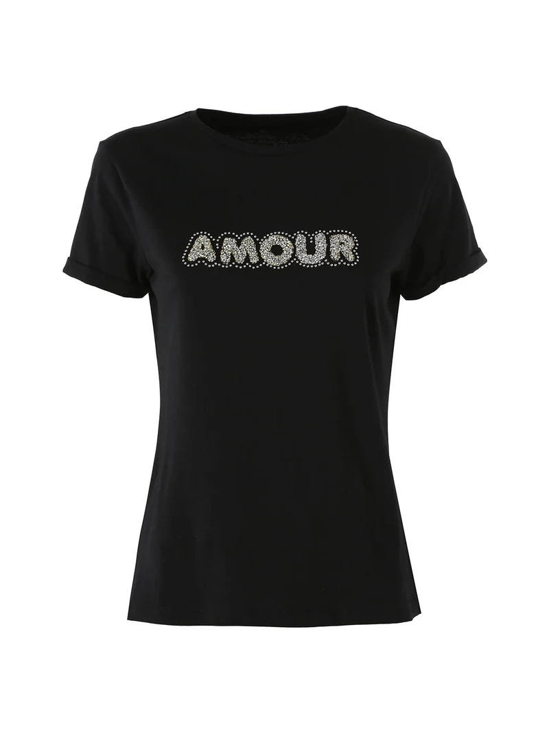 T-shirt donna in cotone con scritta di strass e pietre - nero
