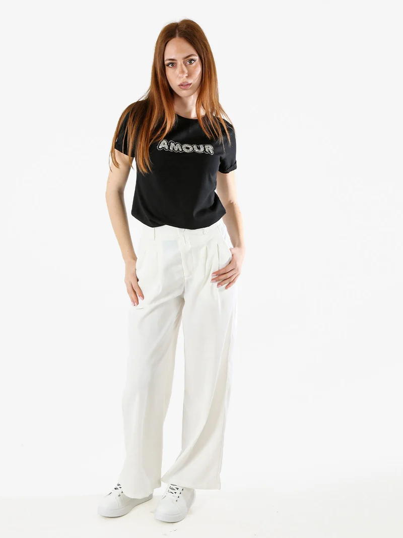 T-shirt donna in cotone con scritta di strass e pietre - nero