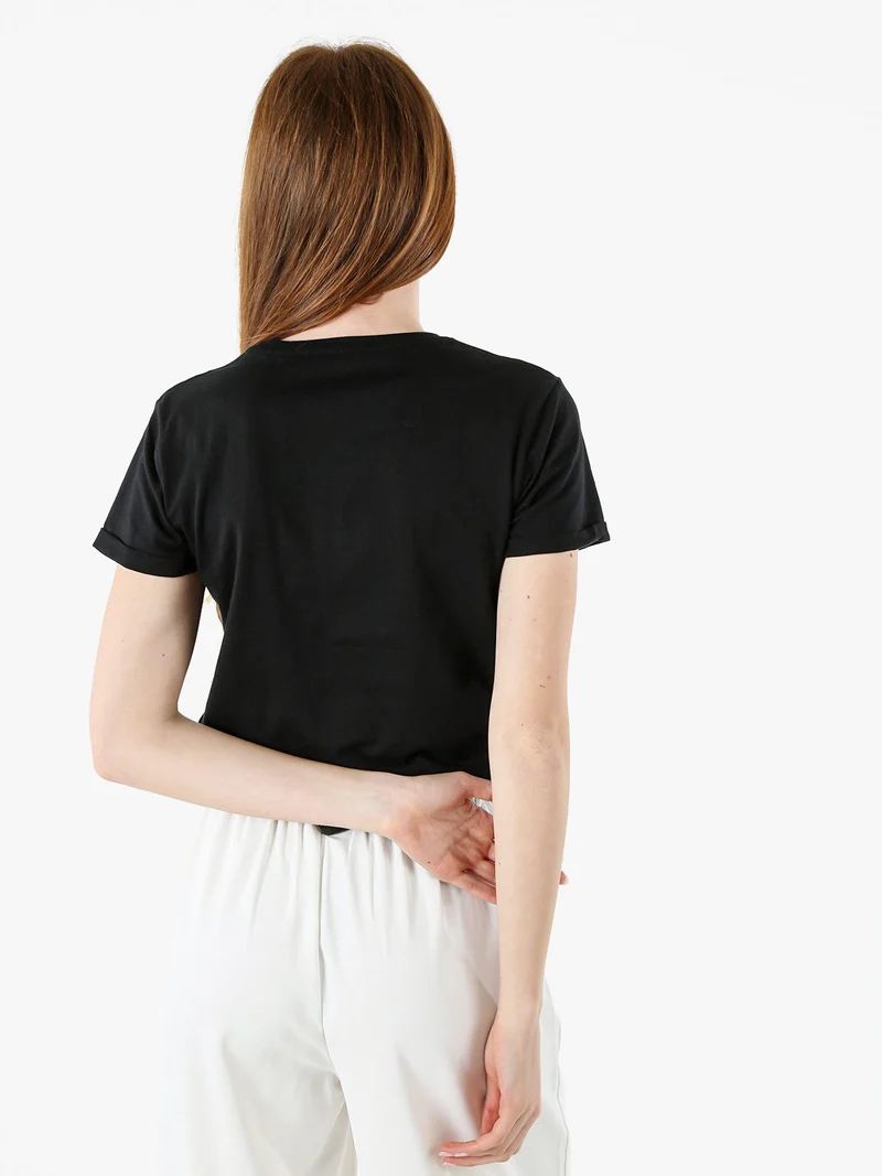 T-shirt donna in cotone con scritta di strass e pietre - nero