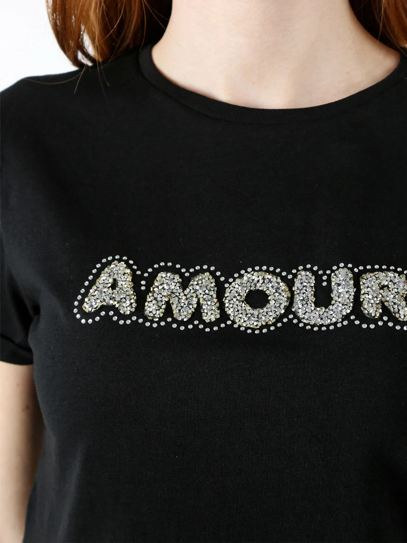 T-shirt donna in cotone con scritta di strass e pietre - nero