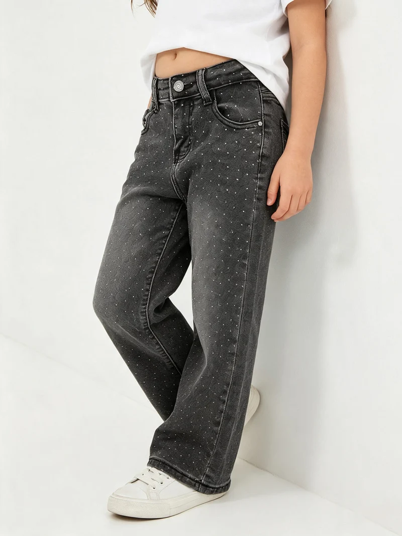 Jeans da bambina a gamba larga con strass - nero