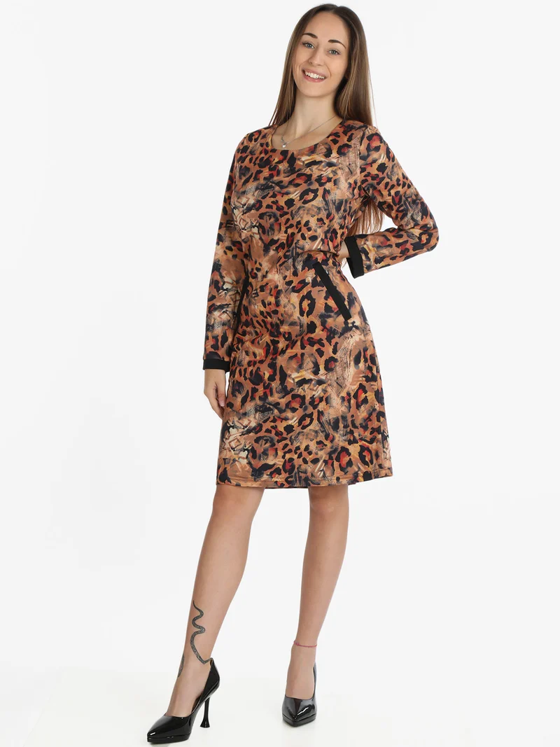Vestito donna manica lunga con stampa animalier - cuoio