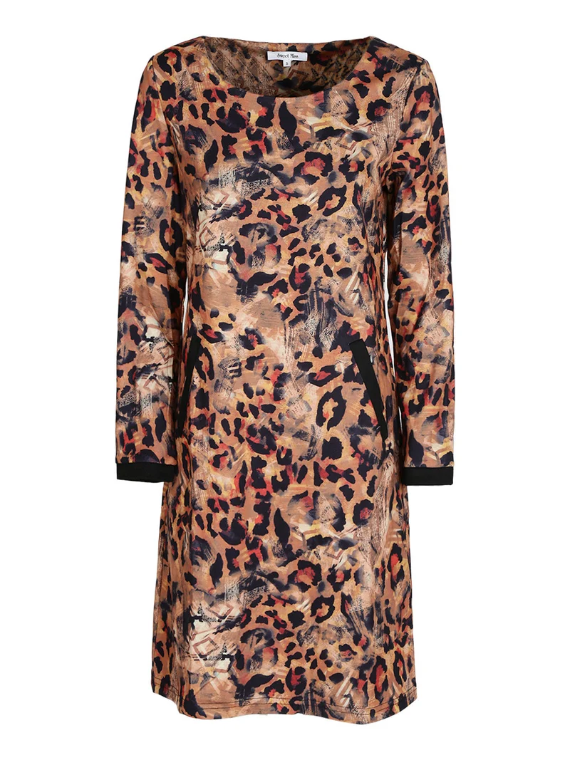 Vestito donna manica lunga con stampa animalier - cuoio