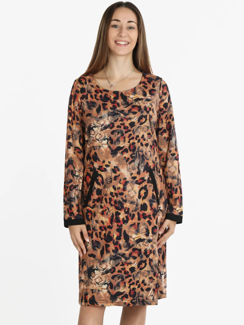 Vestito donna manica lunga con stampa animalier - cuoio