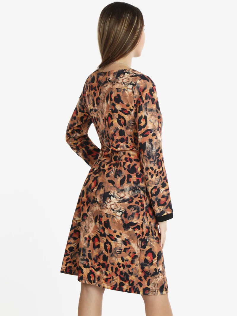 Vestito donna manica lunga con stampa animalier - cuoio