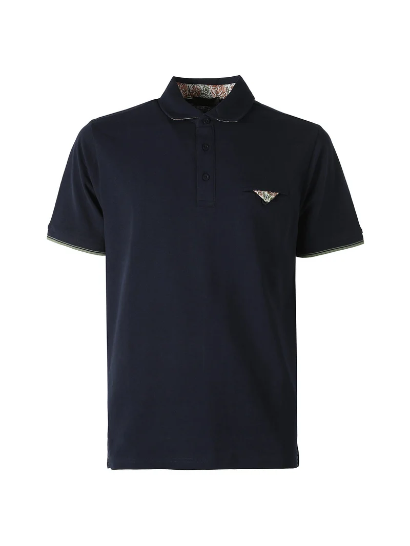Polo da uomo in cotone a maniche corte con taschino a filetto - blu scuro
