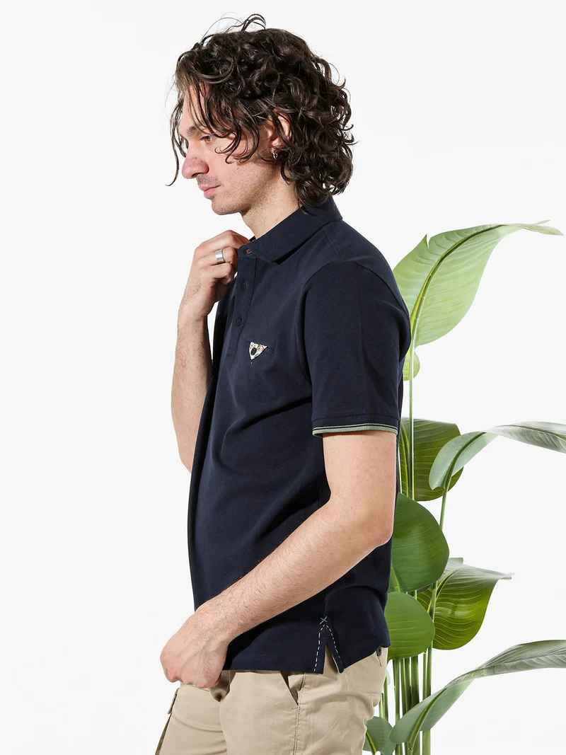 Polo da uomo in cotone a maniche corte con taschino a filetto - blu scuro