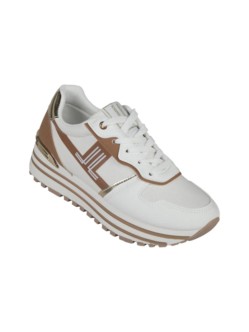 Sneakers donna stringate con platform - beige