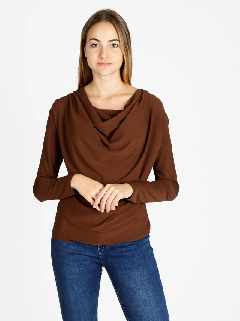 Blusa donna con scollo a cascata - marrone