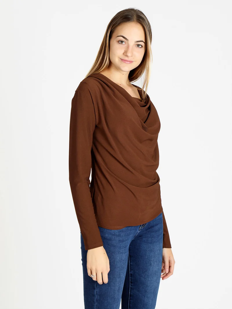 Blusa donna con scollo a cascata - marrone