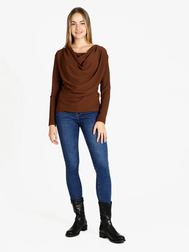Blusa donna con scollo a cascata - marrone