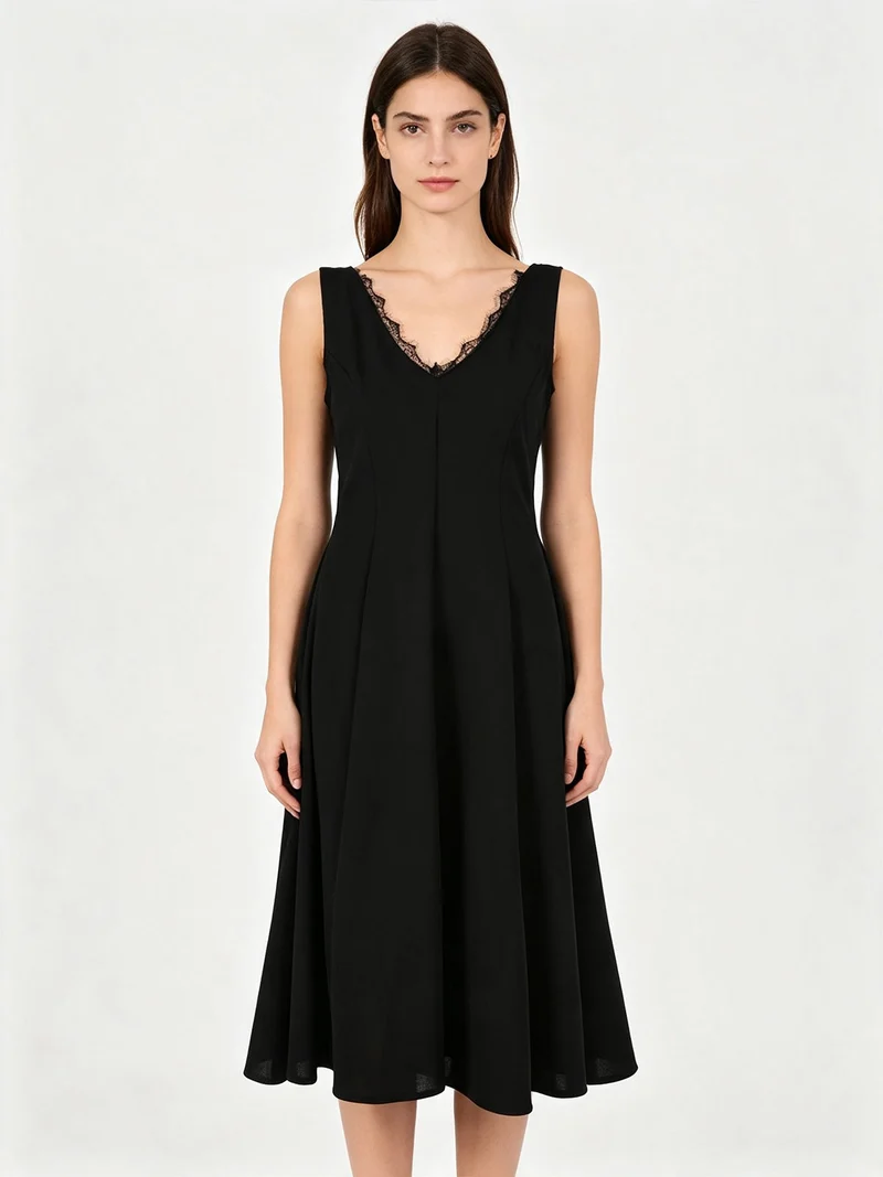 Abito lungo da donna senza maniche con dettaglio di pizzo sullo scollo - nero