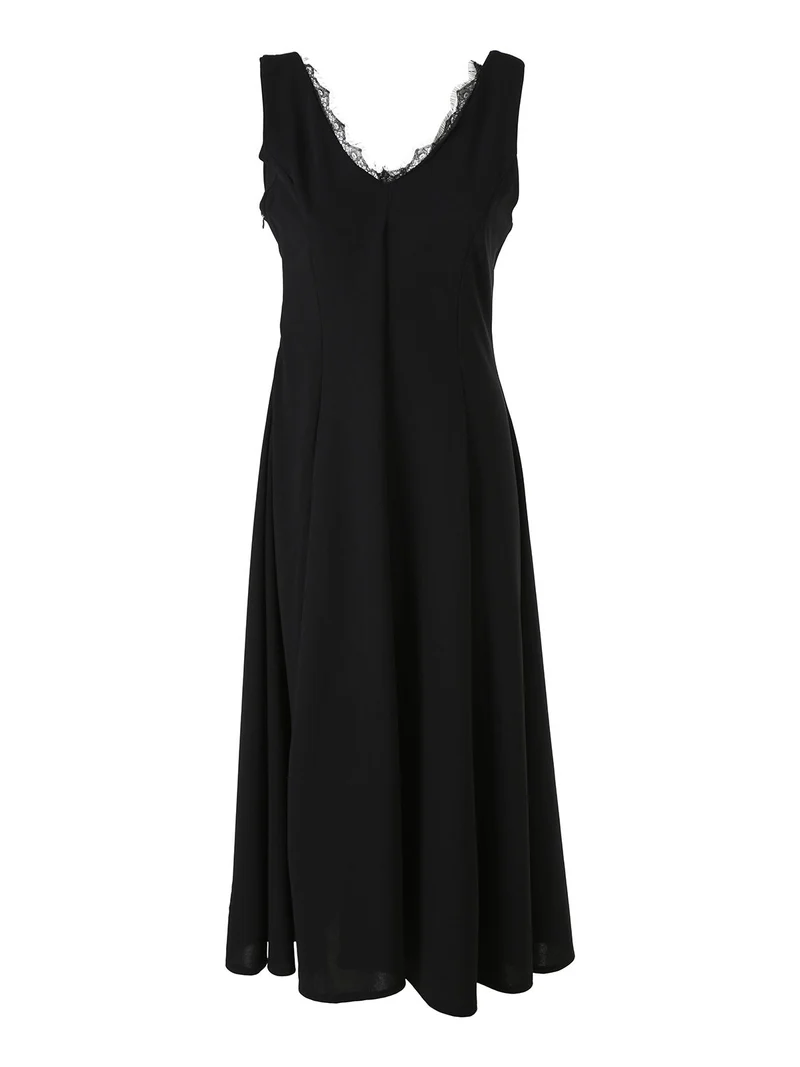 Abito lungo da donna senza maniche con dettaglio di pizzo sullo scollo - nero