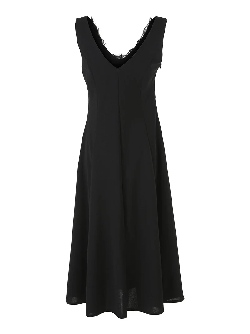 Abito lungo da donna senza maniche con dettaglio di pizzo sullo scollo - nero