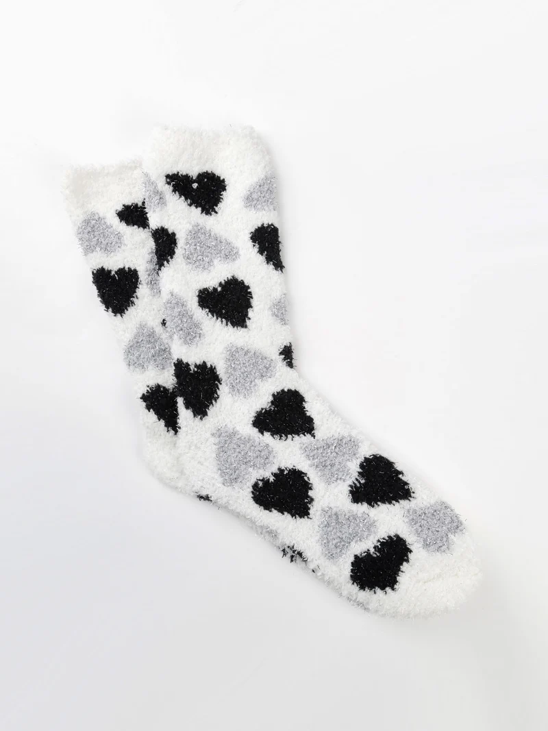 Calze donna in ciniglia con stampa cuore - bianco