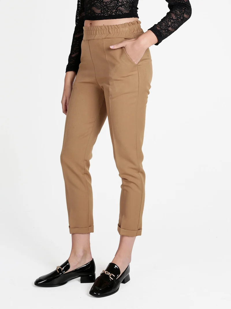 Pantaloni donna con risvolto - cammello
