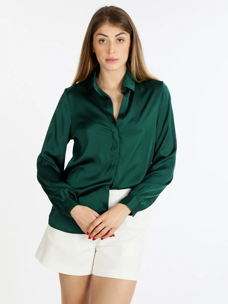 Camicia donna in raso - verde scuro