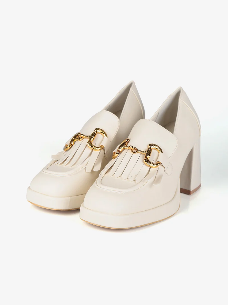 Mocassini donna con frange e tacco - beige