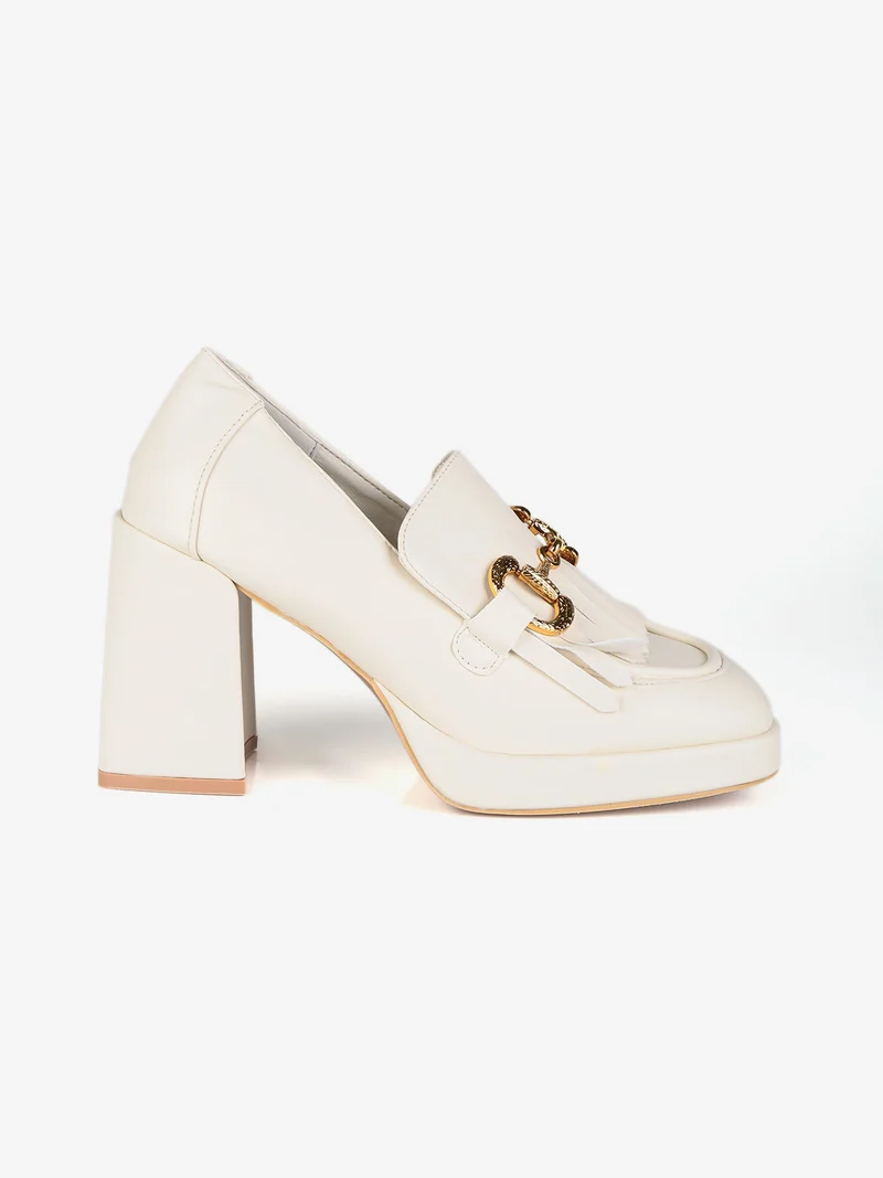 Mocassini donna con frange e tacco - beige