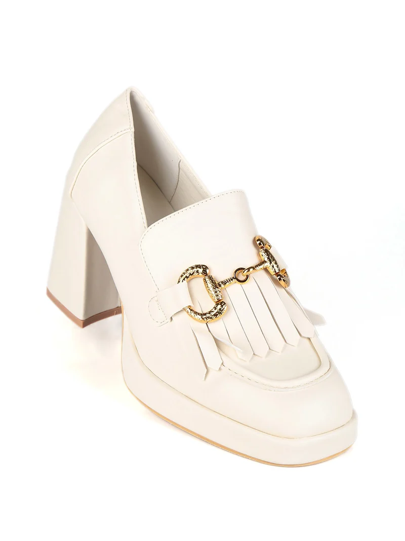 Mocassini donna con frange e tacco - beige