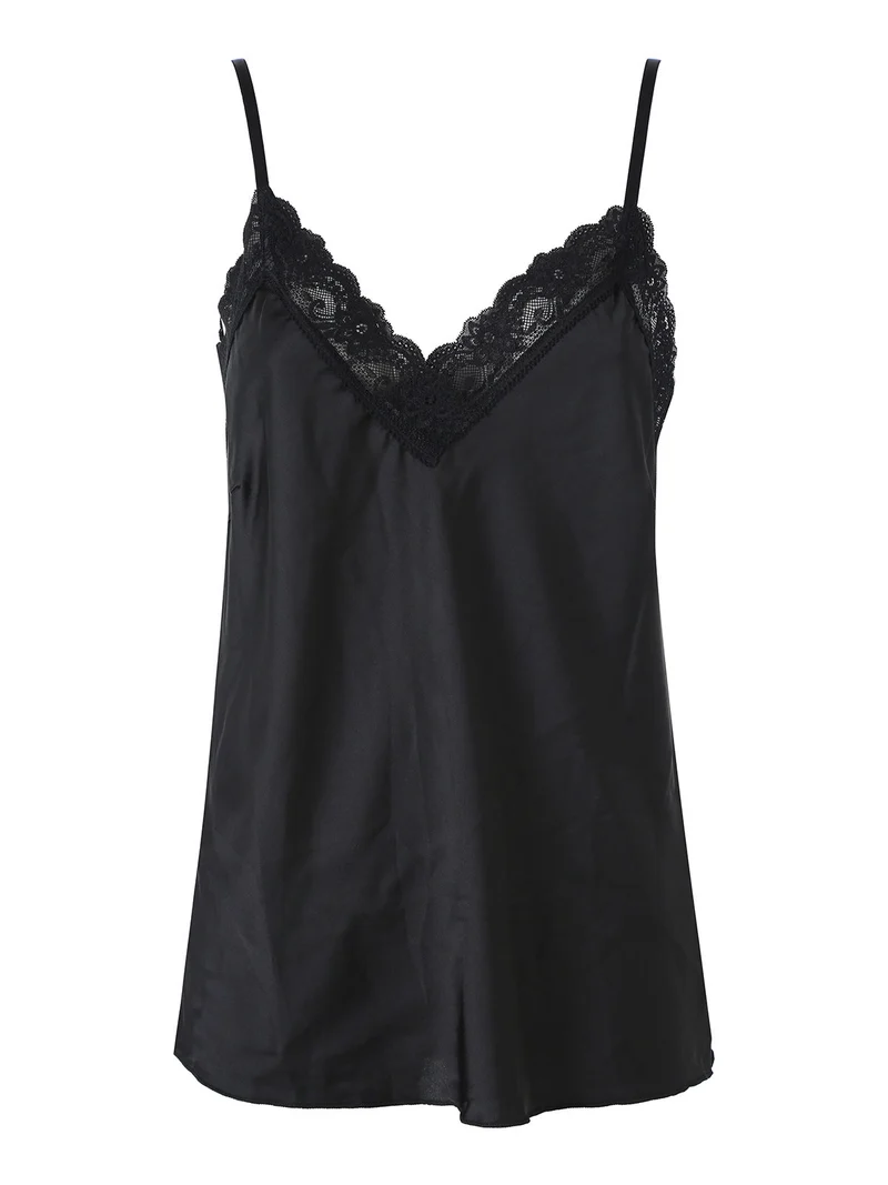 Top donna effetto raso con scollo in pizzo e spalline strette - nero