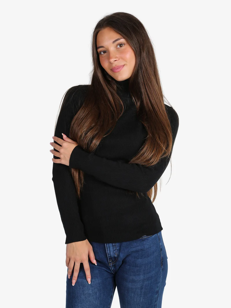 Pullover dolcevita donna a costine - nero