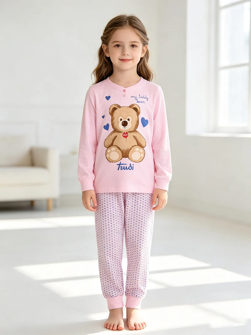 Pigiama lungo da bambina in cotone - rosa