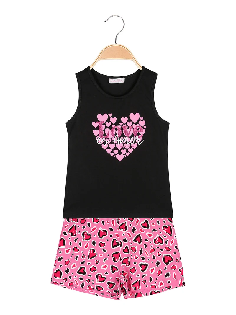 Completo corto da ragazza cuori con canotta e shorts - nero