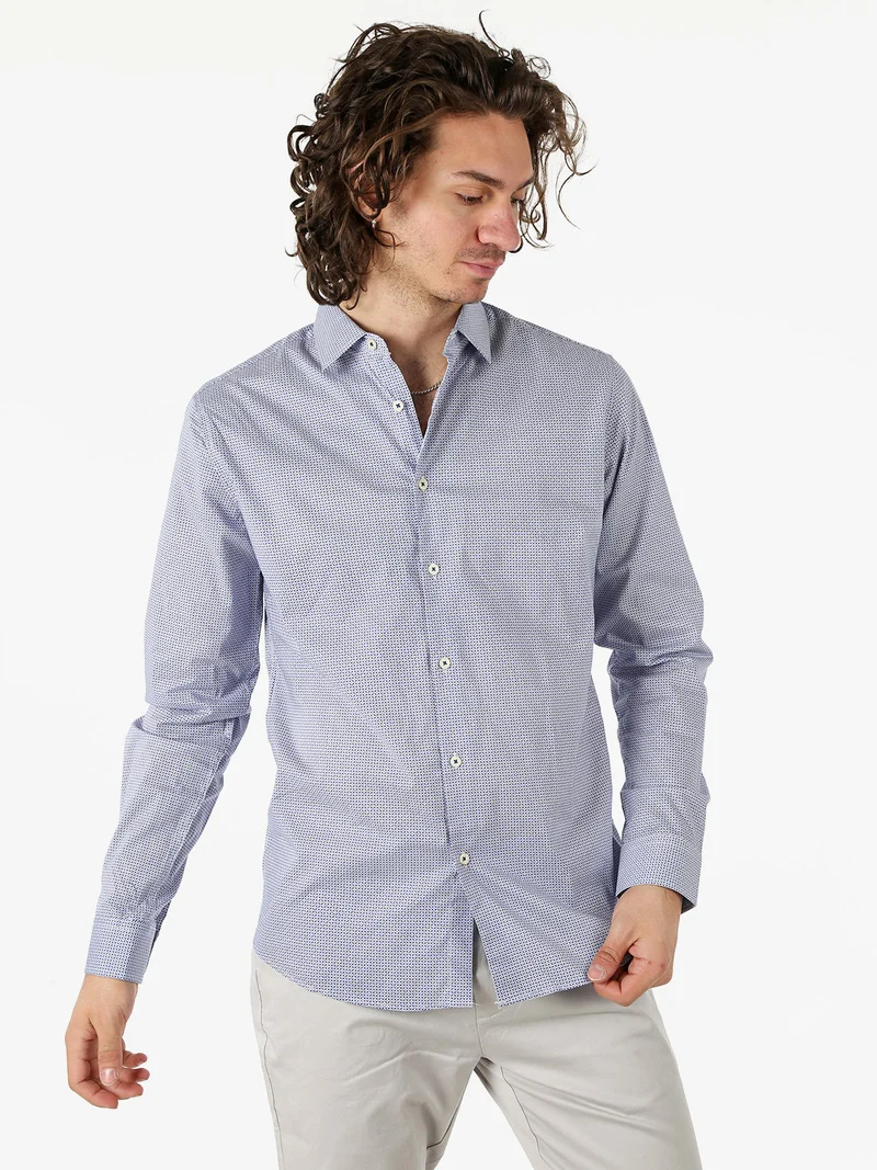 Camicia da uomo in cotone a maniche lunghe con stampe - blu