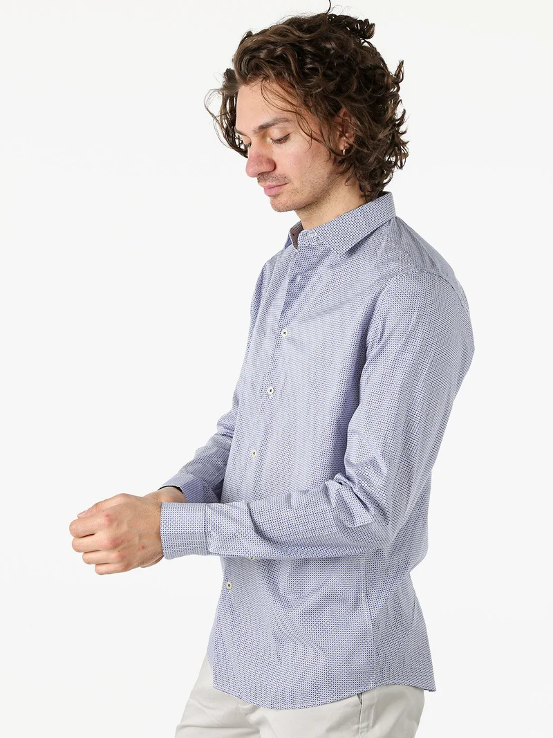 Camicia da uomo in cotone a maniche lunghe con stampe - blu
