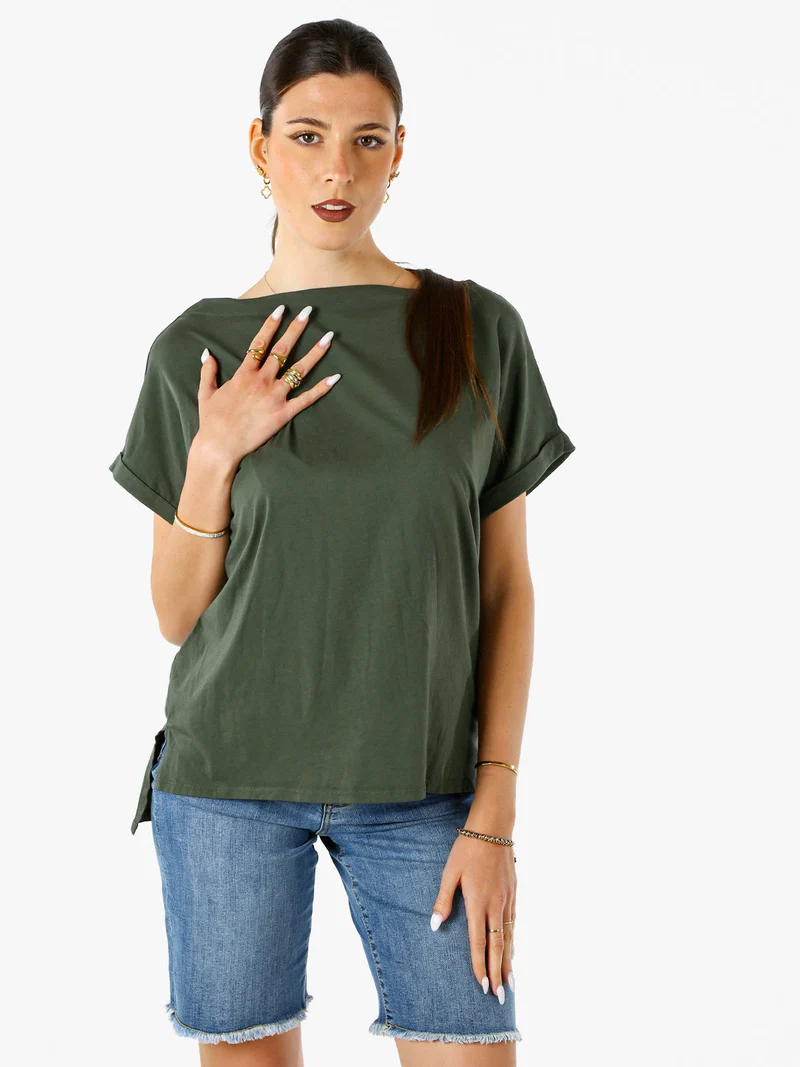 T-shirt donna in cotone con scollo a barca - militare