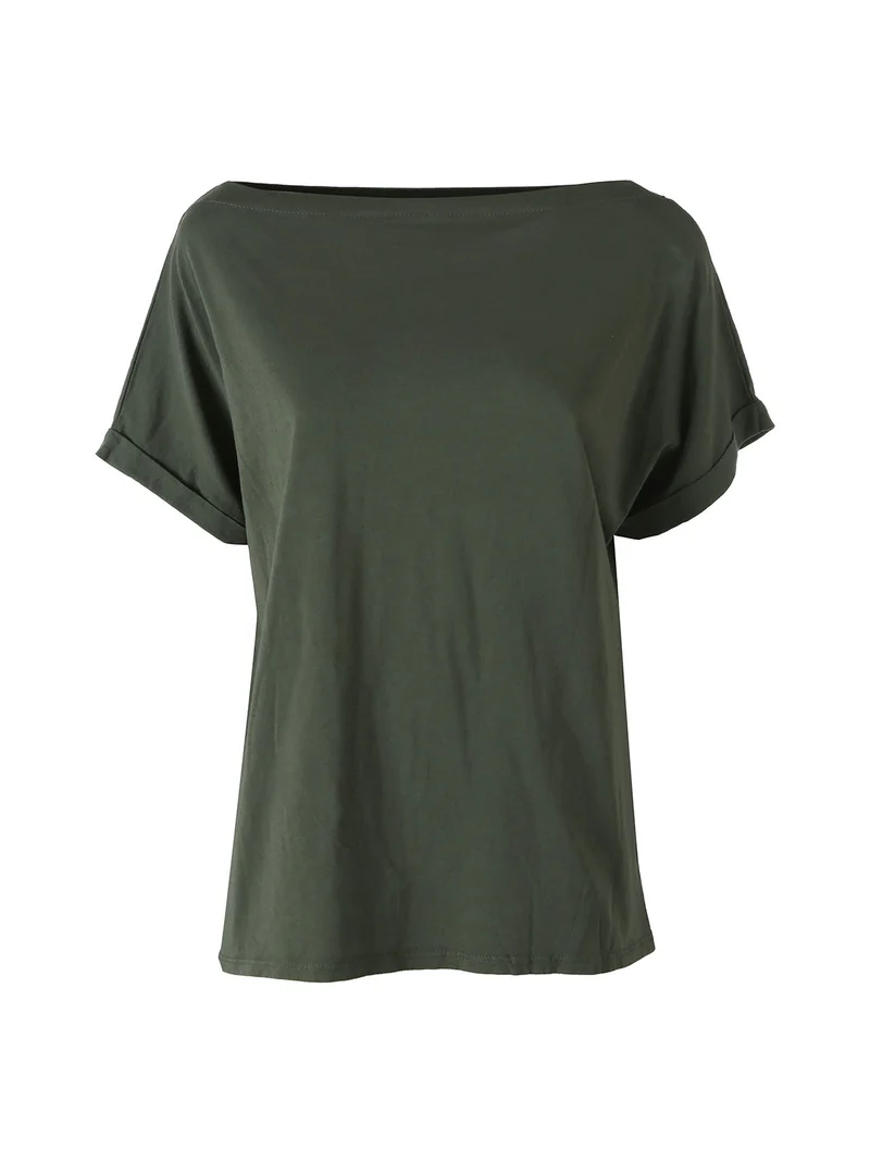 T-shirt donna in cotone con scollo a barca - militare