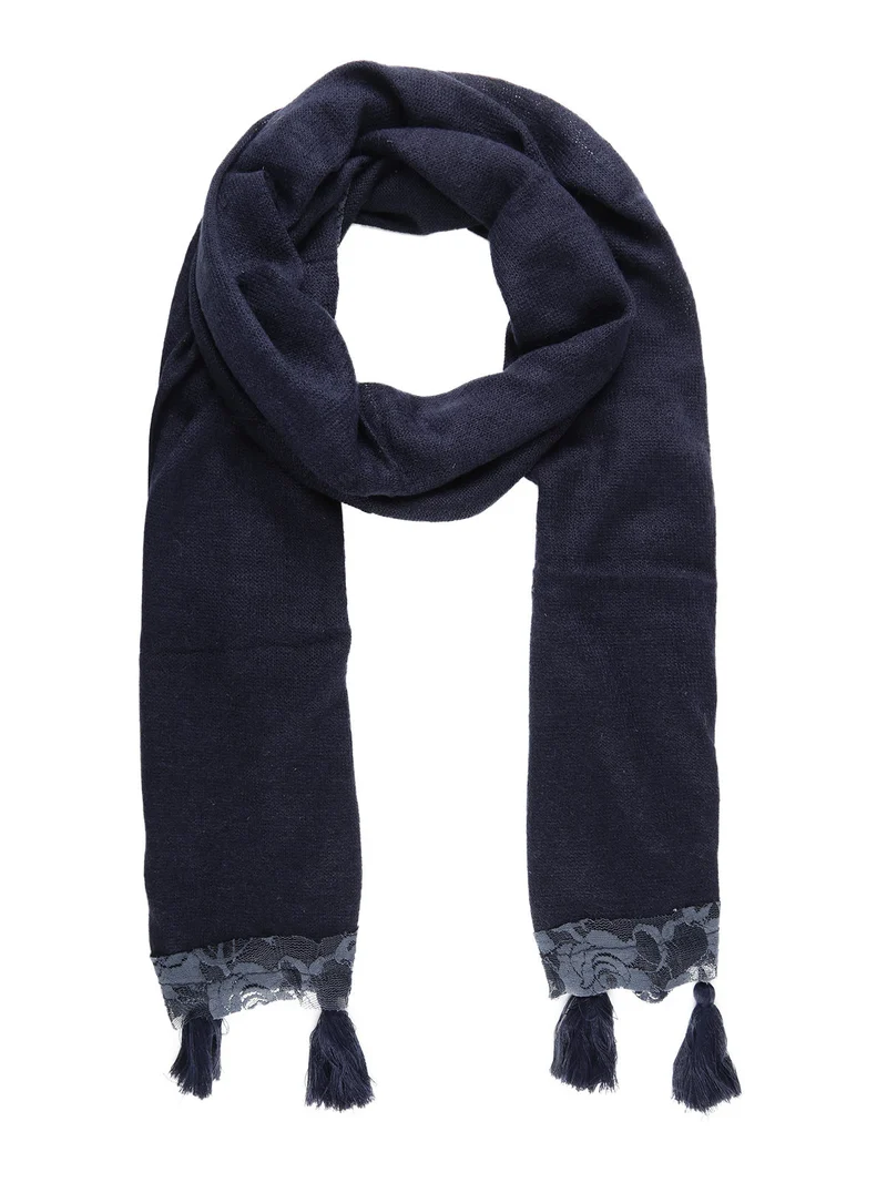 Sciarpa donna con dettaglio in pizzo e nappine - blu scuro