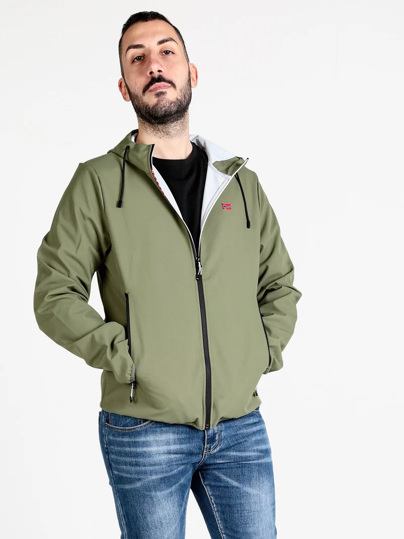 Giacca a vento da uomo impermeabile con cappuccio e zip - militare