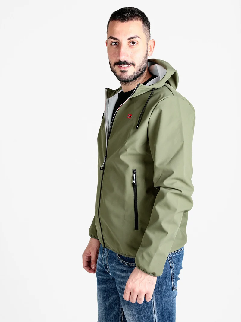Giacca a vento da uomo impermeabile con cappuccio e zip - militare