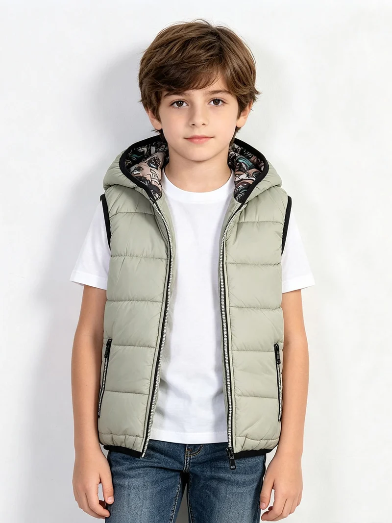 Smanicato da bambino reversibile con cappuccio e zip - oliva