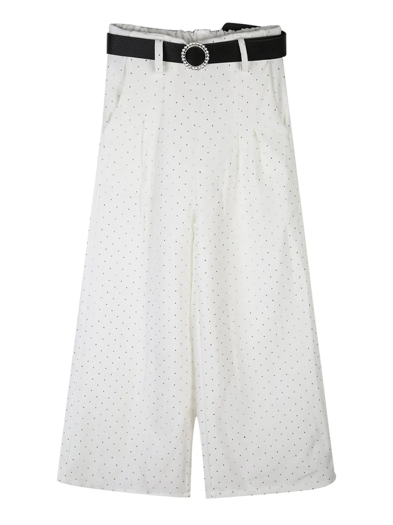 Pantaloni culotte da bambina con strass e cintura - bianco