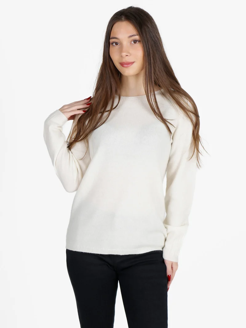 Maglione donna tinta unita in misto lana e cashemere - panna
