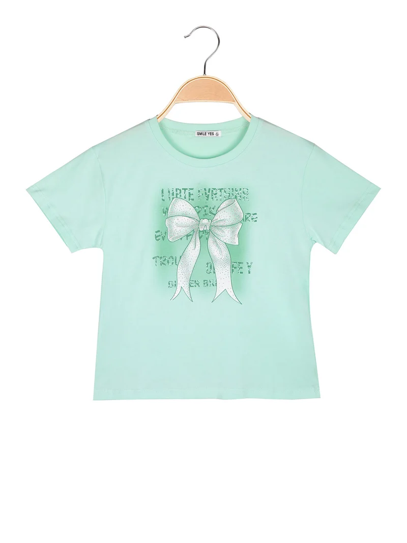T-shirt da bambina con stampa fiocco e strass - acqua marina