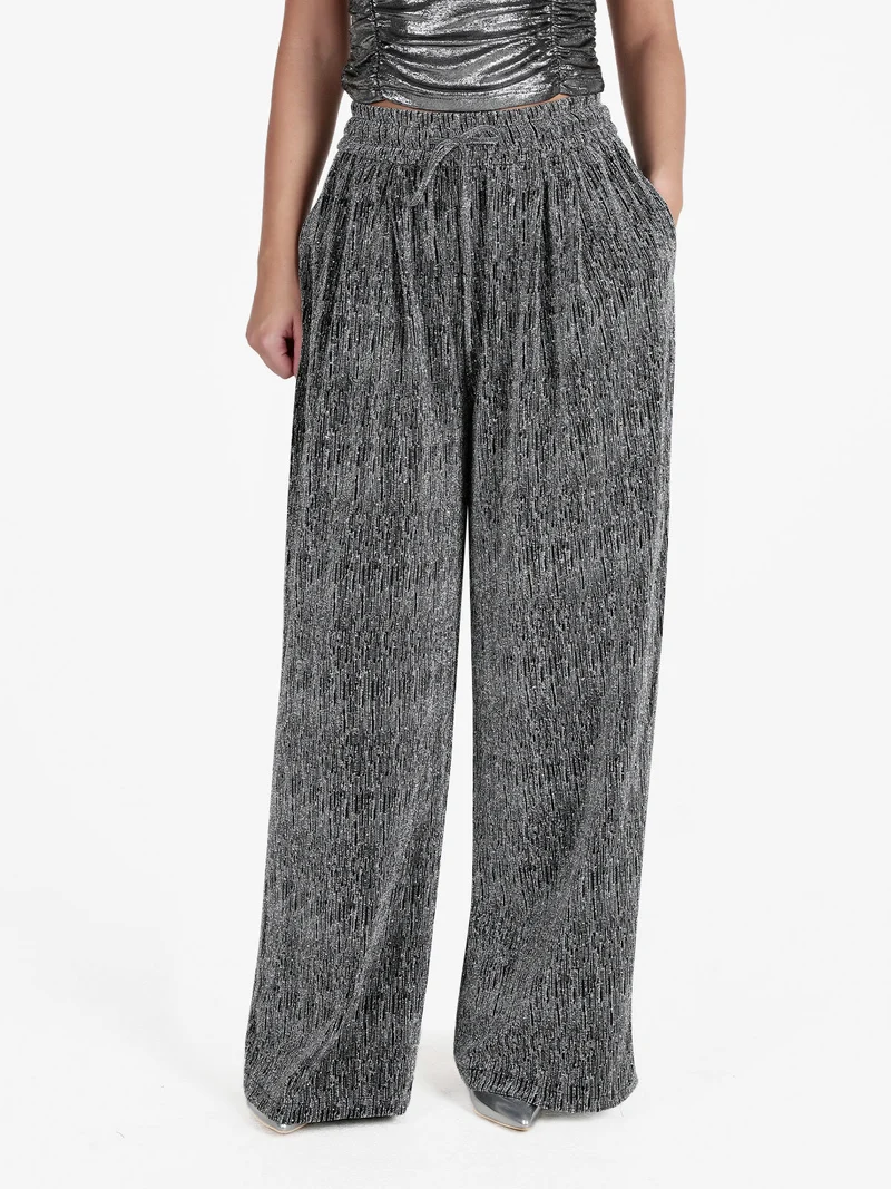 Pantaloni eleganti da donna a gamba larga con strass - argento