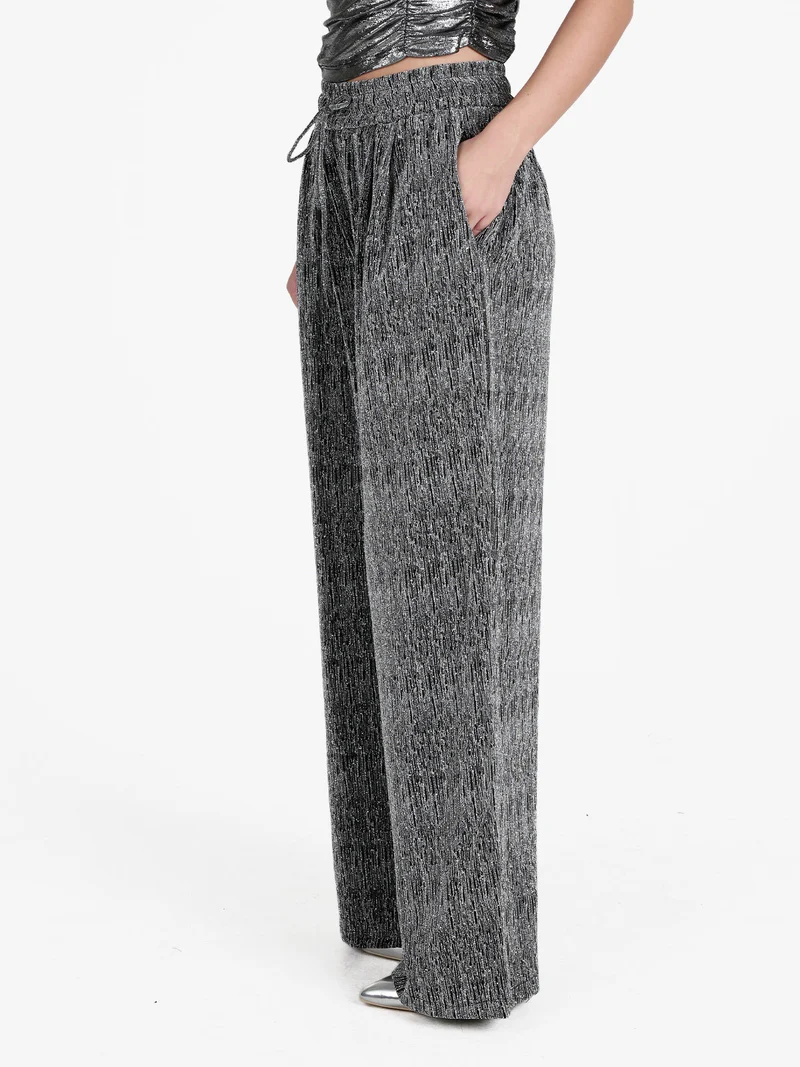 Pantaloni eleganti da donna a gamba larga con strass - argento